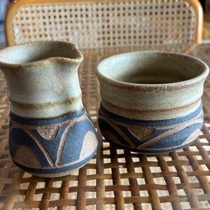Vintage Artisan Signed Studio Pottery Sugar Bowl Creamer Set